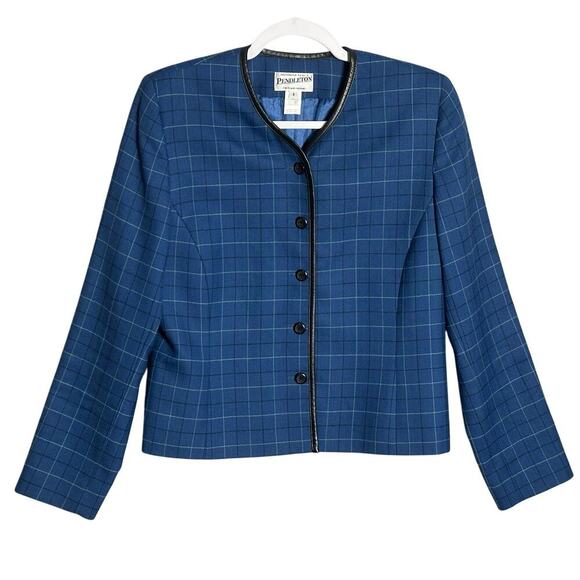 Pendleton Sz 8 Vintage 80s Plaid Blazer Virgin Wool Leather Trim Shoulder Pads‎ - Picture 1 of 11